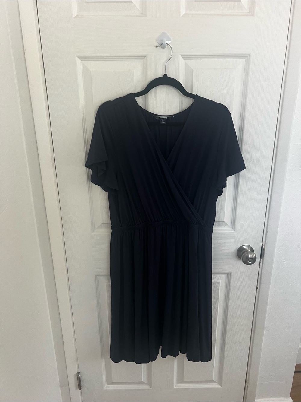 Lands' End Black Short-Sleeve Wrap Midi‎ Dress